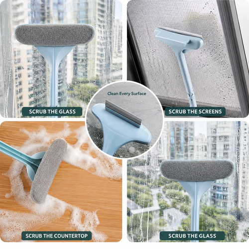2-in-1 Window Cleaning Brush with Squeegee | Double-Sided Mesh Screen & Glass Cleaner with Long Handle