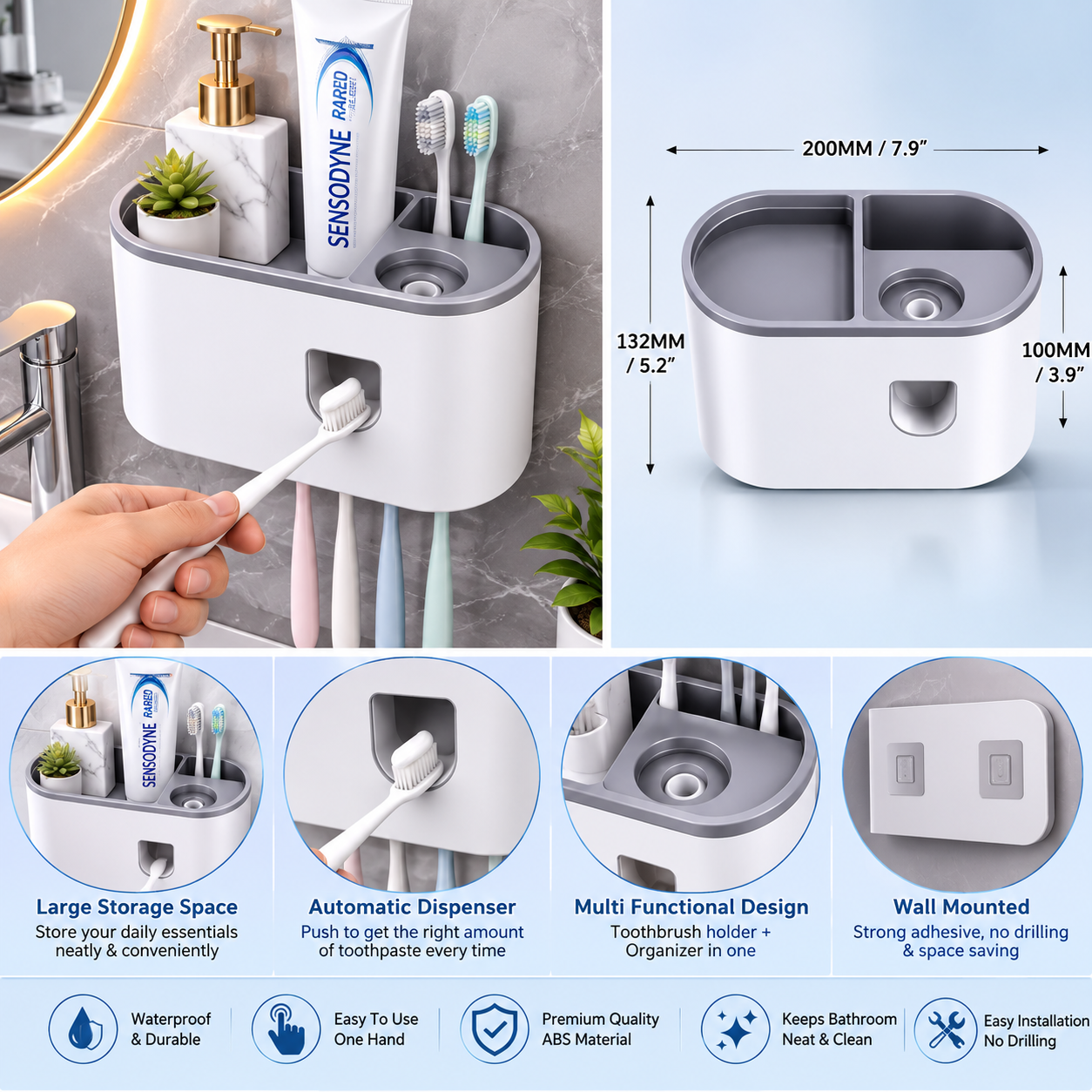 Automatic Toothpaste Dispenser with Wall Mounted Toothbrush Holder, Magnetic Cups & Bathroom Storage Organizer