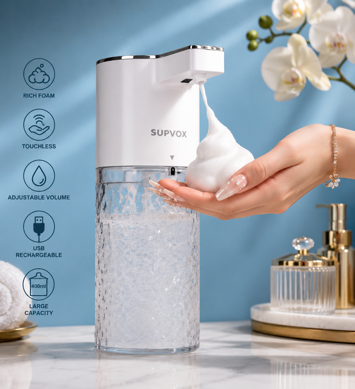 Automatic Foaming Soap Dispenser – 400ml USB Rechargeable Touchless Sensor Soap Dispenser with Adjustable Foam Levels
