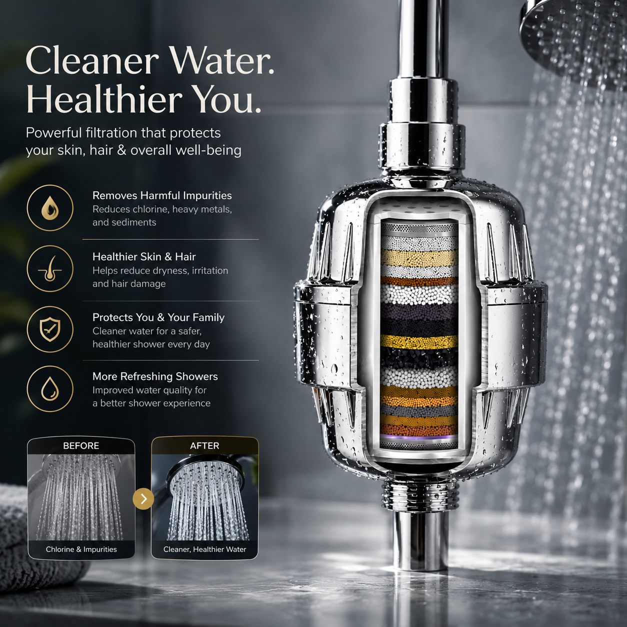 Shower Water Filter for Hard Water – Universal Chlorine Reduction Shower Filter for Healthier Hair & Softer Skin