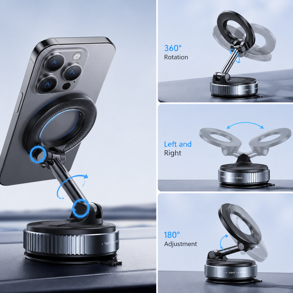 Vacuum Magnetic Phone Holder – 360° Rotating MagSafe Compatible Suction Phone Mount for Car, Desk & Travel
