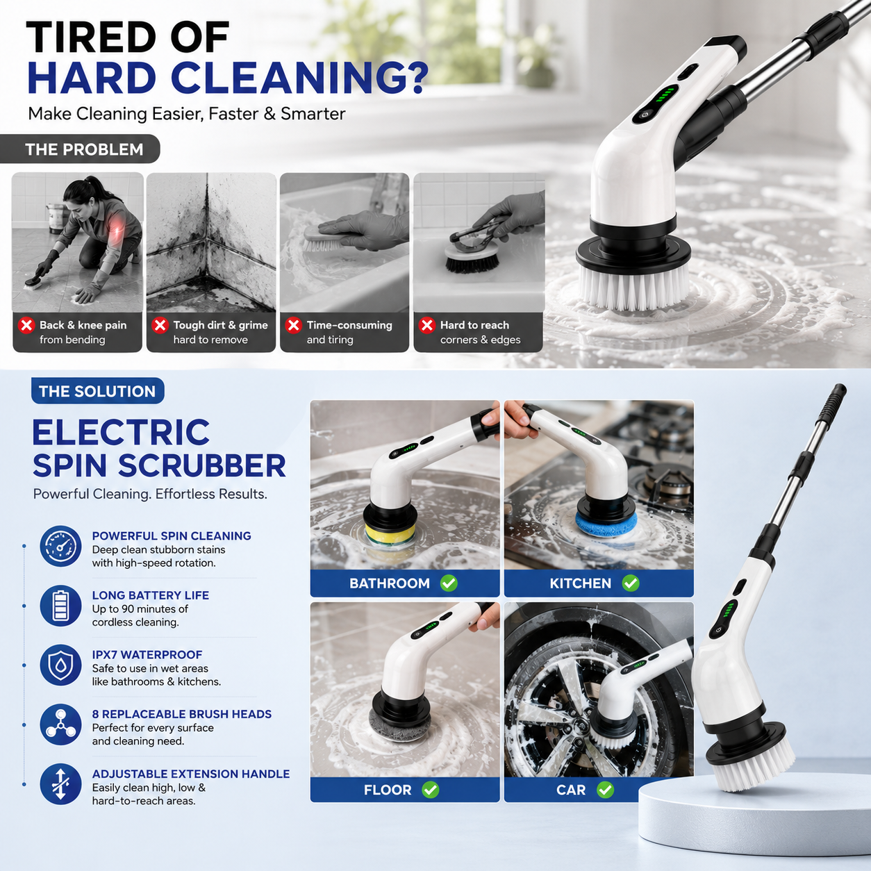 Cordless Electric Spin Scrubber with Extendable Handle | Rechargeable Bathroom Cleaning Brush