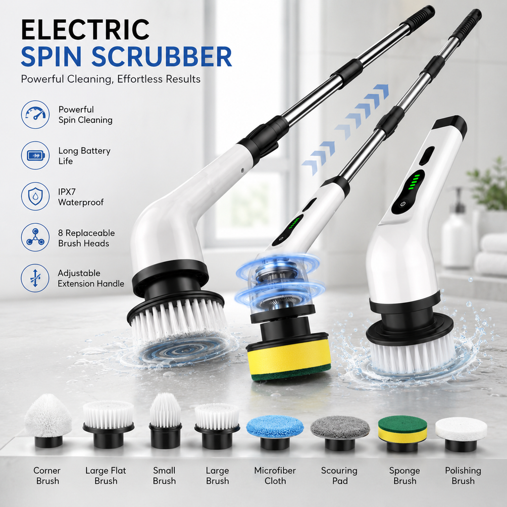 Cordless Electric Spin Scrubber with Extendable Handle | Rechargeable Bathroom Cleaning Brush