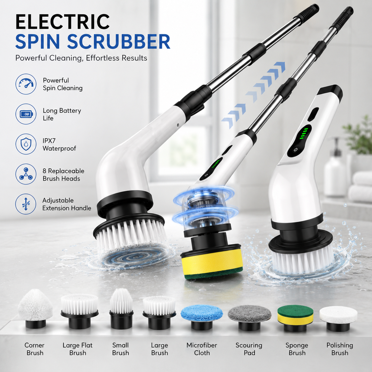 Cordless Electric Spin Scrubber with Extendable Handle | Rechargeable Bathroom Cleaning Brush