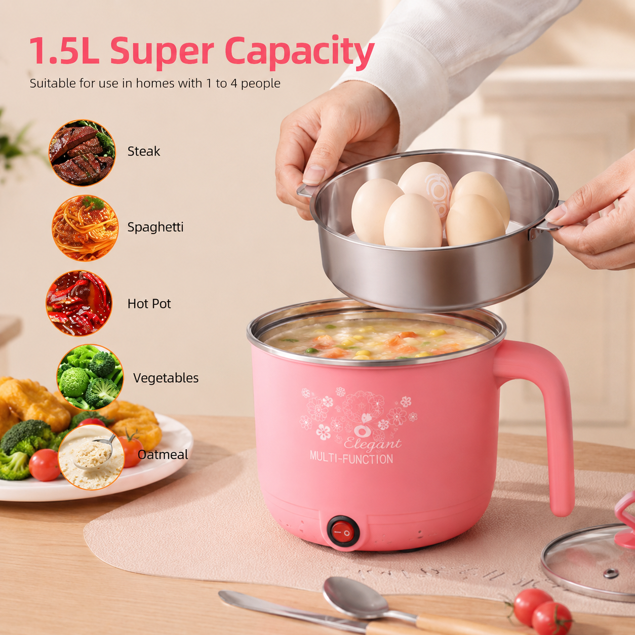 Portable Mini Rice Cooker 1.5L – Multifunction Electric Cooking Pot for Rice, Noodles, Soup & More