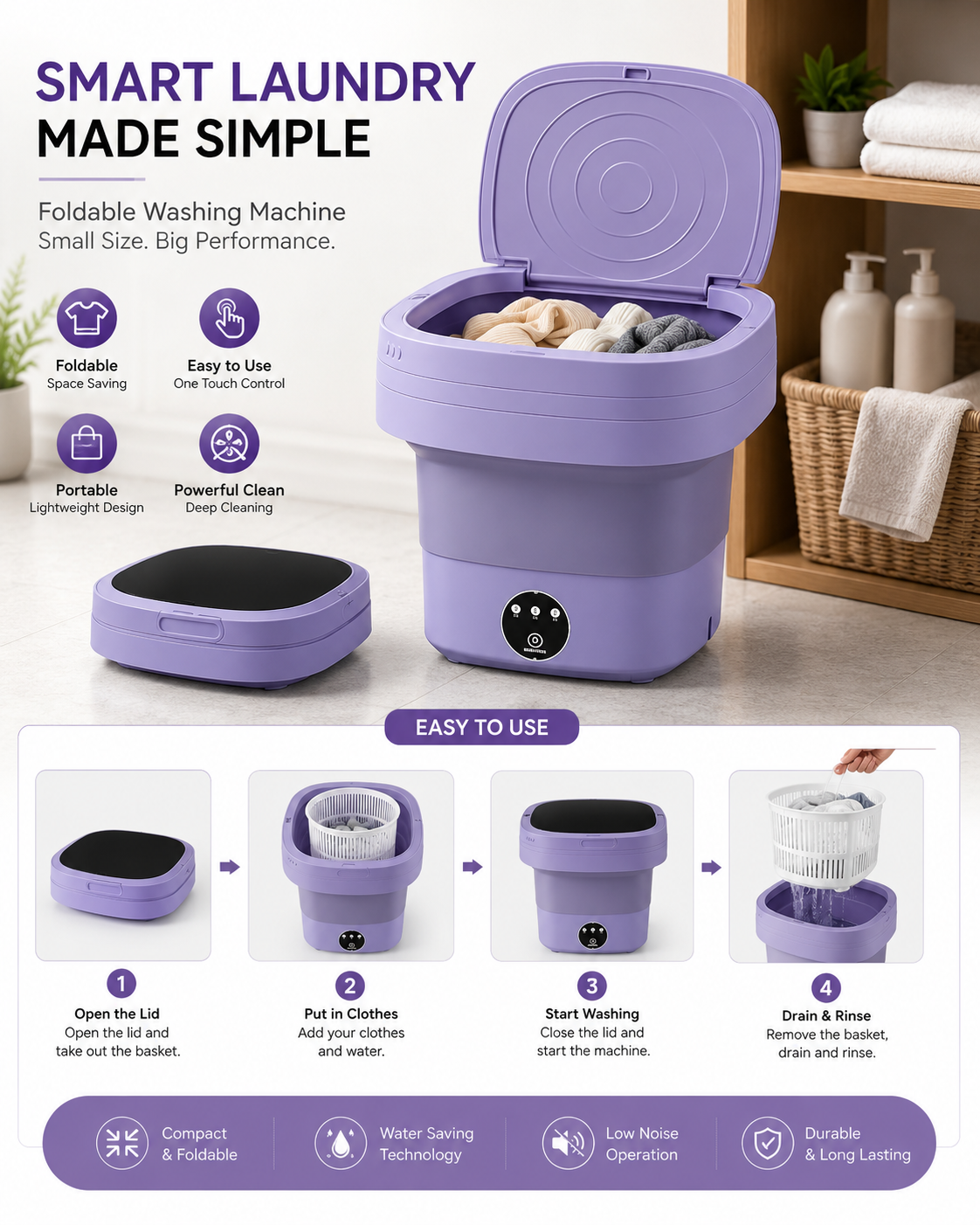 Portable Foldable Washing Machine with Blue Light Deep Cleaning & USB Drain