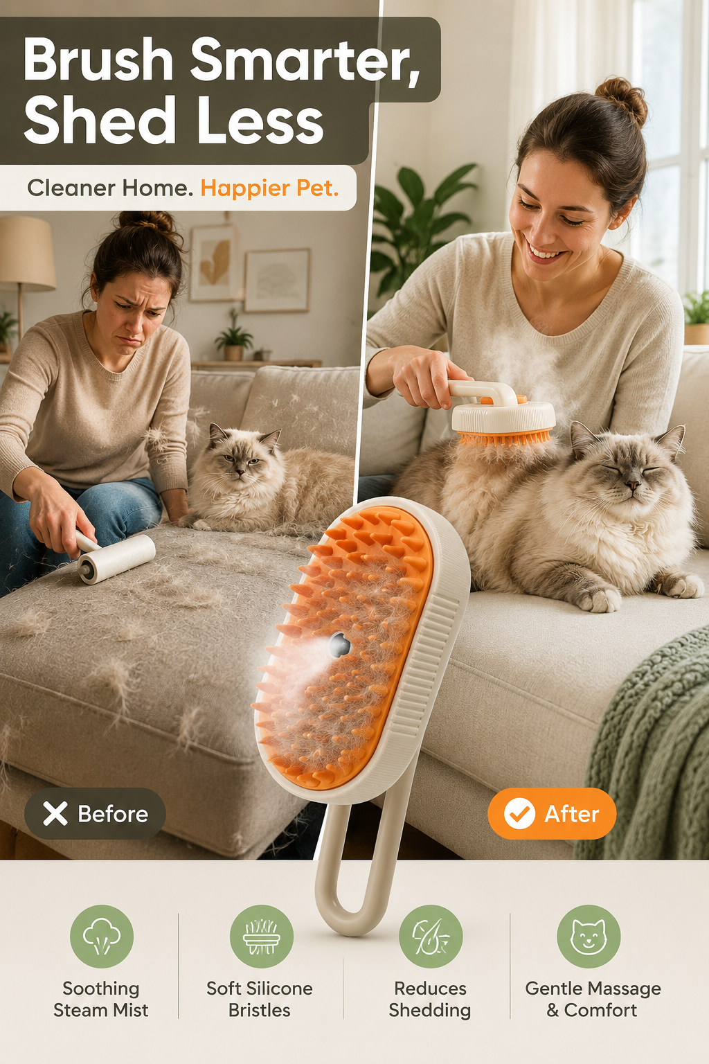 4-in-1 Electric Pet Grooming Steam Brush for Cats & Dogs | Self-Cleaning Deshedding & Massage Comb