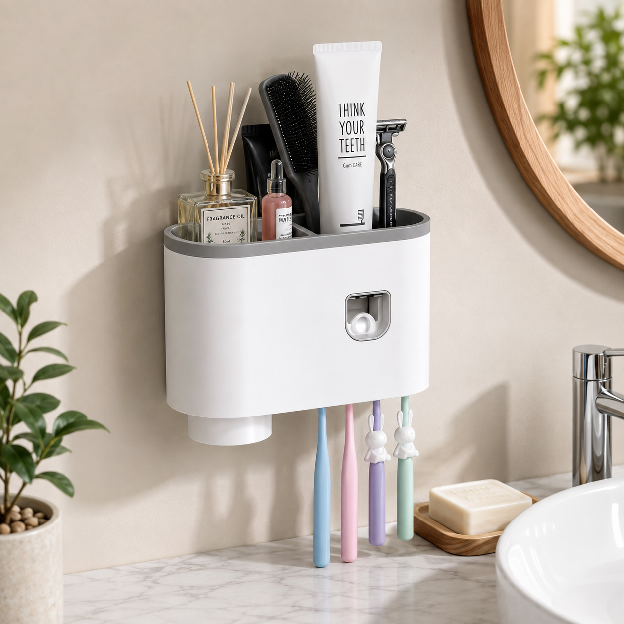 Automatic Toothpaste Dispenser with Wall Mounted Toothbrush Holder, Magnetic Cups & Bathroom Storage Organizer