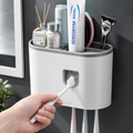 Automatic Toothpaste Dispenser with Wall Mounted Toothbrush Holder, Magnetic Cups & Bathroom Storage Organizer