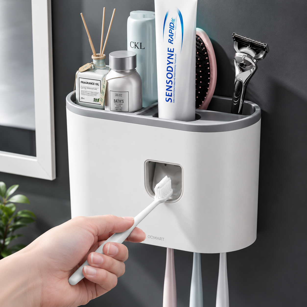 Automatic Toothpaste Dispenser with Wall Mounted Toothbrush Holder, Magnetic Cups & Bathroom Storage Organizer