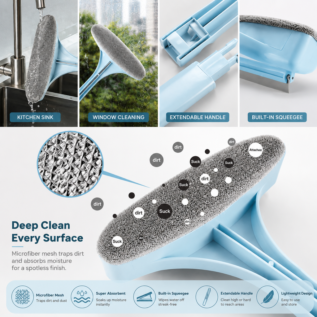 2-in-1 Window Cleaning Brush with Squeegee | Double-Sided Mesh Screen & Glass Cleaner with Long Handle