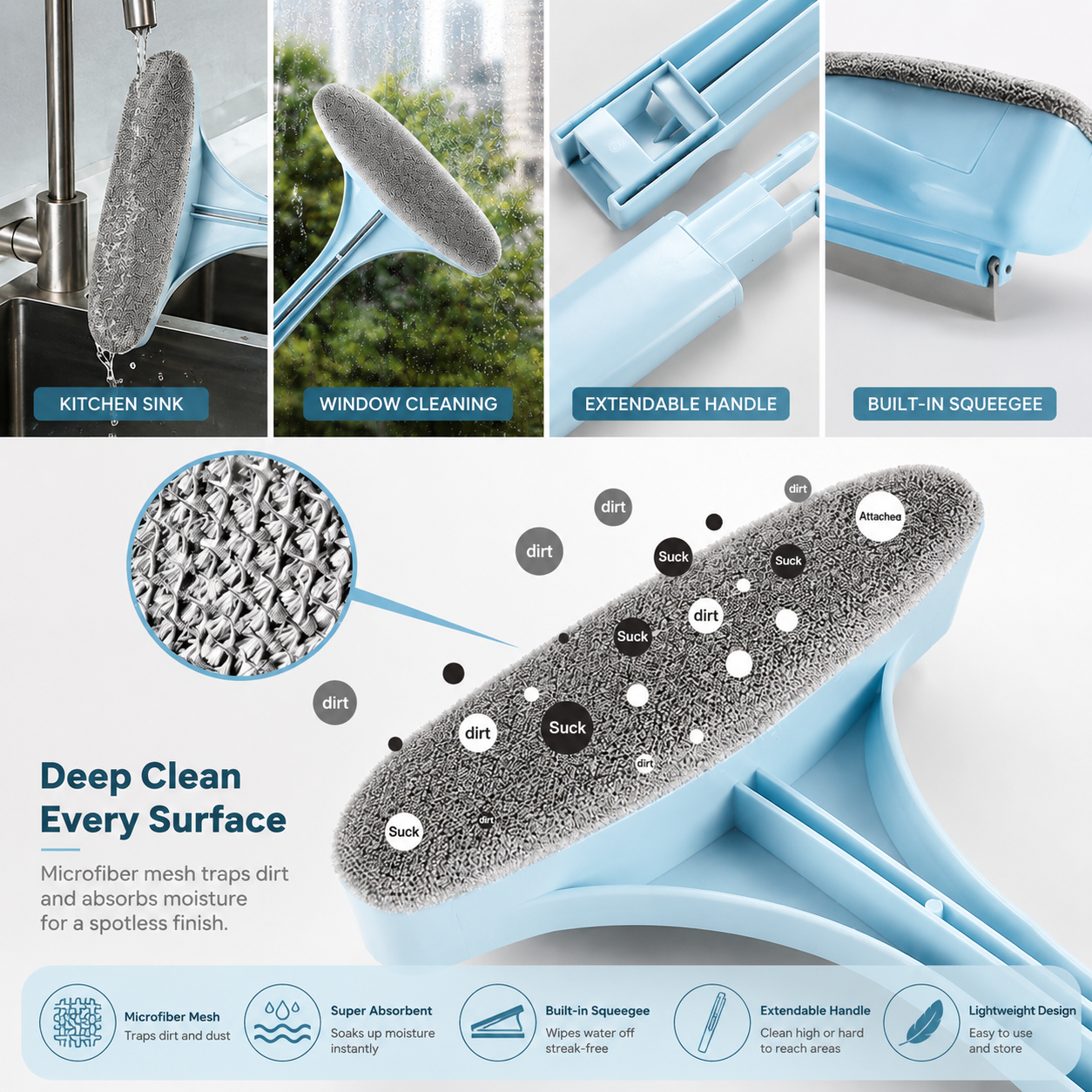 2-in-1 Window Cleaning Brush with Squeegee | Double-Sided Mesh Screen & Glass Cleaner with Long Handle