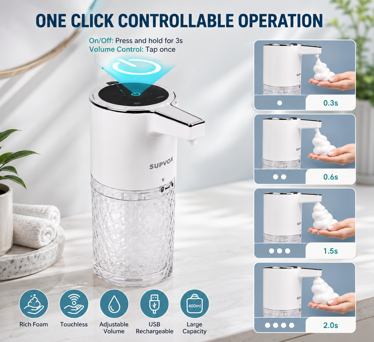 Automatic Foaming Soap Dispenser – 400ml USB Rechargeable Touchless Sensor Soap Dispenser with Adjustable Foam Levels