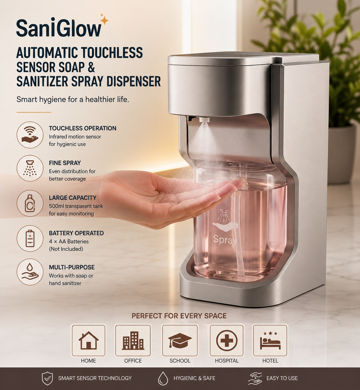 Automatic Touchless Sensor Soap Dispenser – 500ml Infrared Motion Sensor Hand Soap & Sanitizer Dispenser | Battery Operated