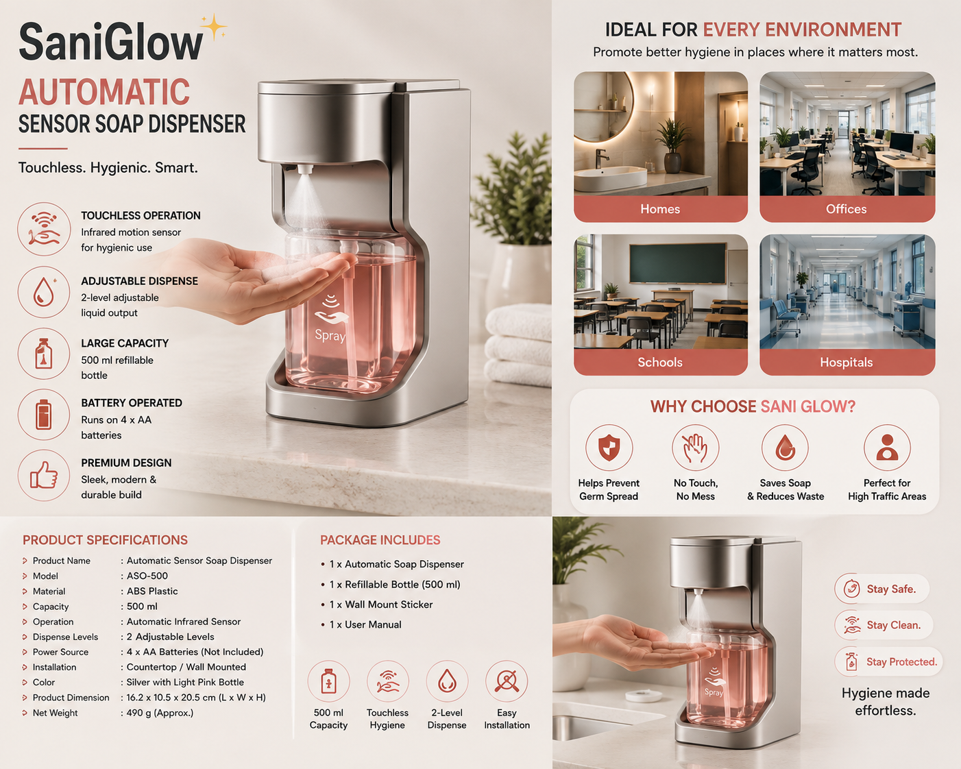 Automatic Touchless Sensor Soap Dispenser – 500ml Infrared Motion Sensor Hand Soap & Sanitizer Dispenser | Battery Operated