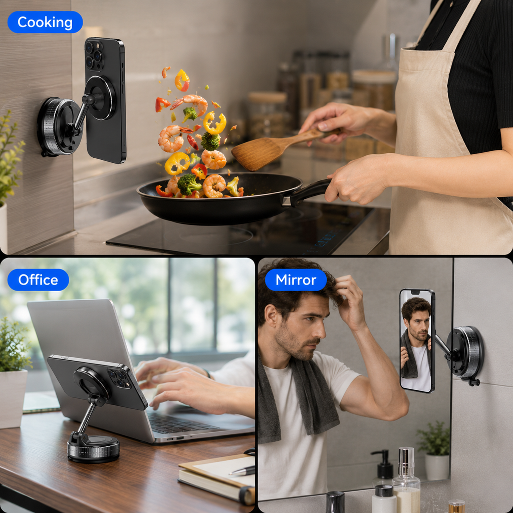 Vacuum Magnetic Phone Holder – 360° Rotating MagSafe Compatible Suction Phone Mount for Car, Desk & Travel