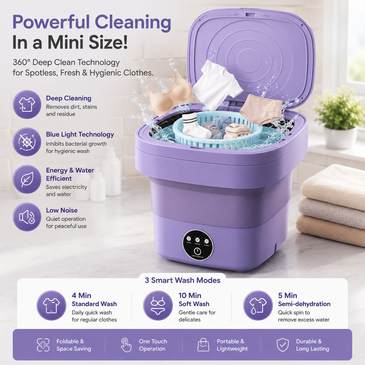 Portable Foldable Washing Machine with Blue Light Deep Cleaning & USB Drain