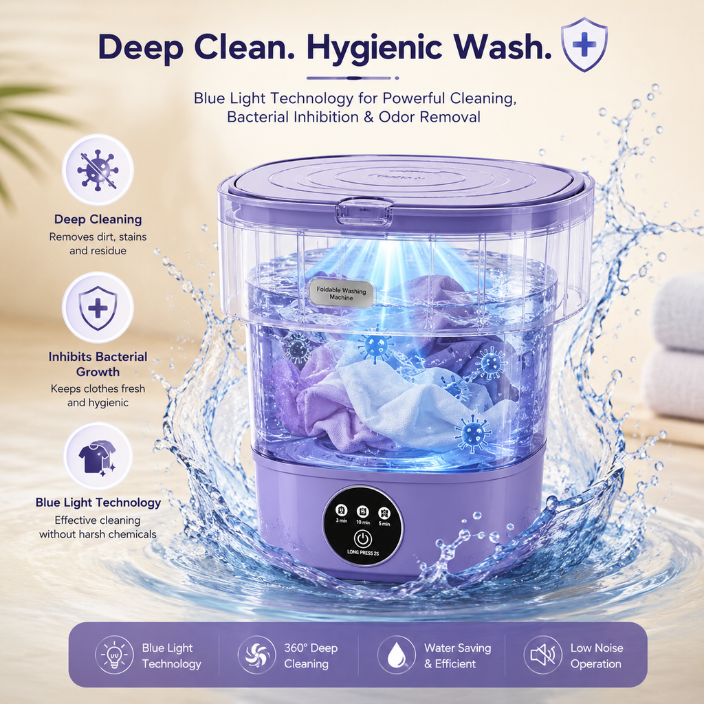 Portable Foldable Washing Machine with Blue Light Deep Cleaning & USB Drain