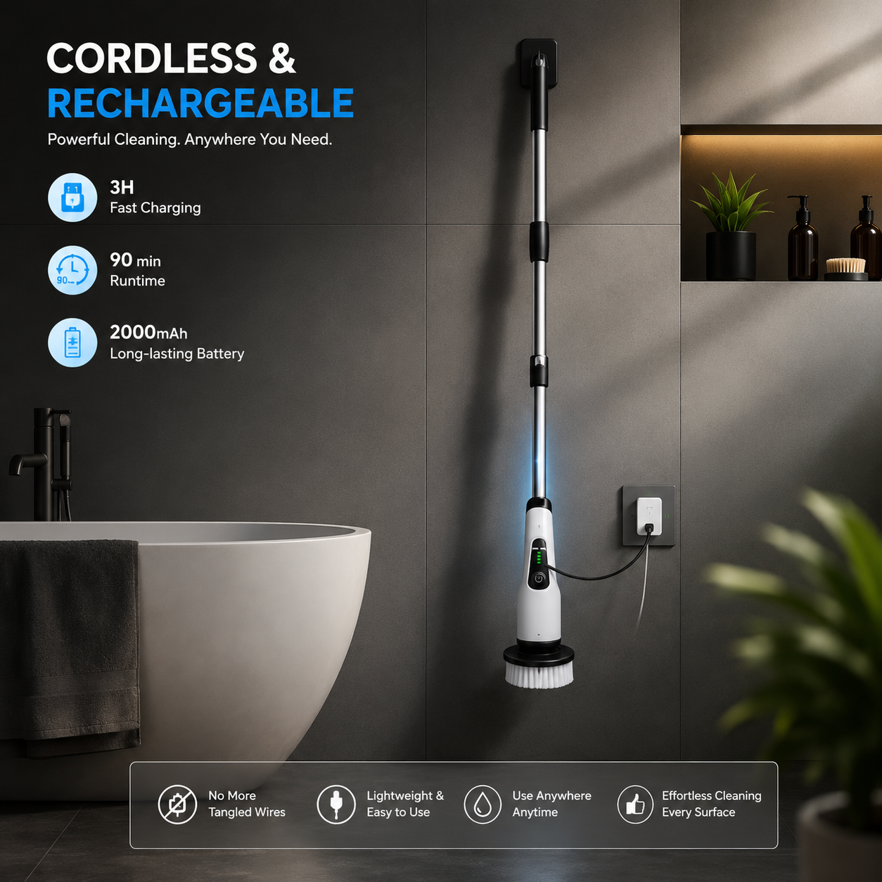 Cordless Electric Spin Scrubber with Extendable Handle | Rechargeable Bathroom Cleaning Brush